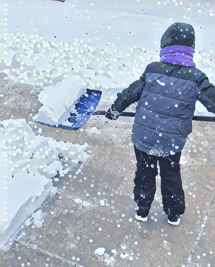 Little boy shoveling snow. Time to get out and do things! Getting in some of his 1000 Hours Outside!