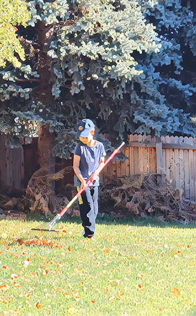 Boy raking leaves. Taking time to get out and make new memories!