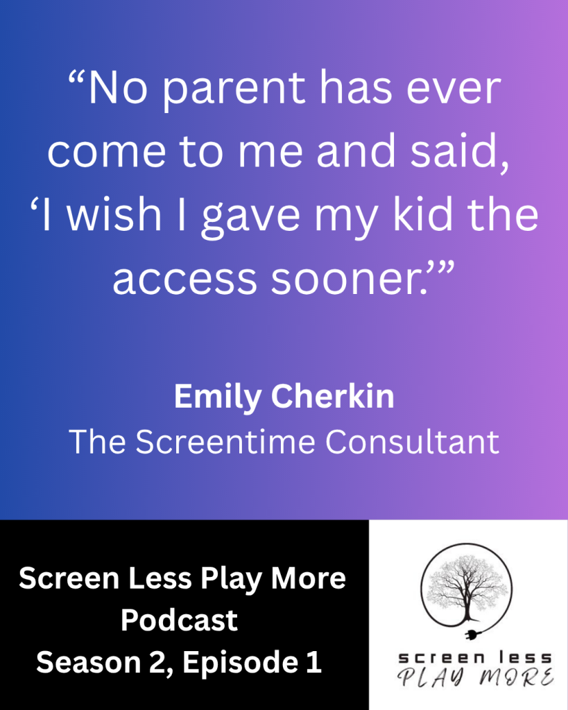 Emily Cherkin, screentime consultant, screentime solution, season 2, podcast, parenting, best parenting podcast, ed-tech, education technology, technology education, AI, classroom, screen time limits, digital wellness, kids and screens, screenless, playmore
